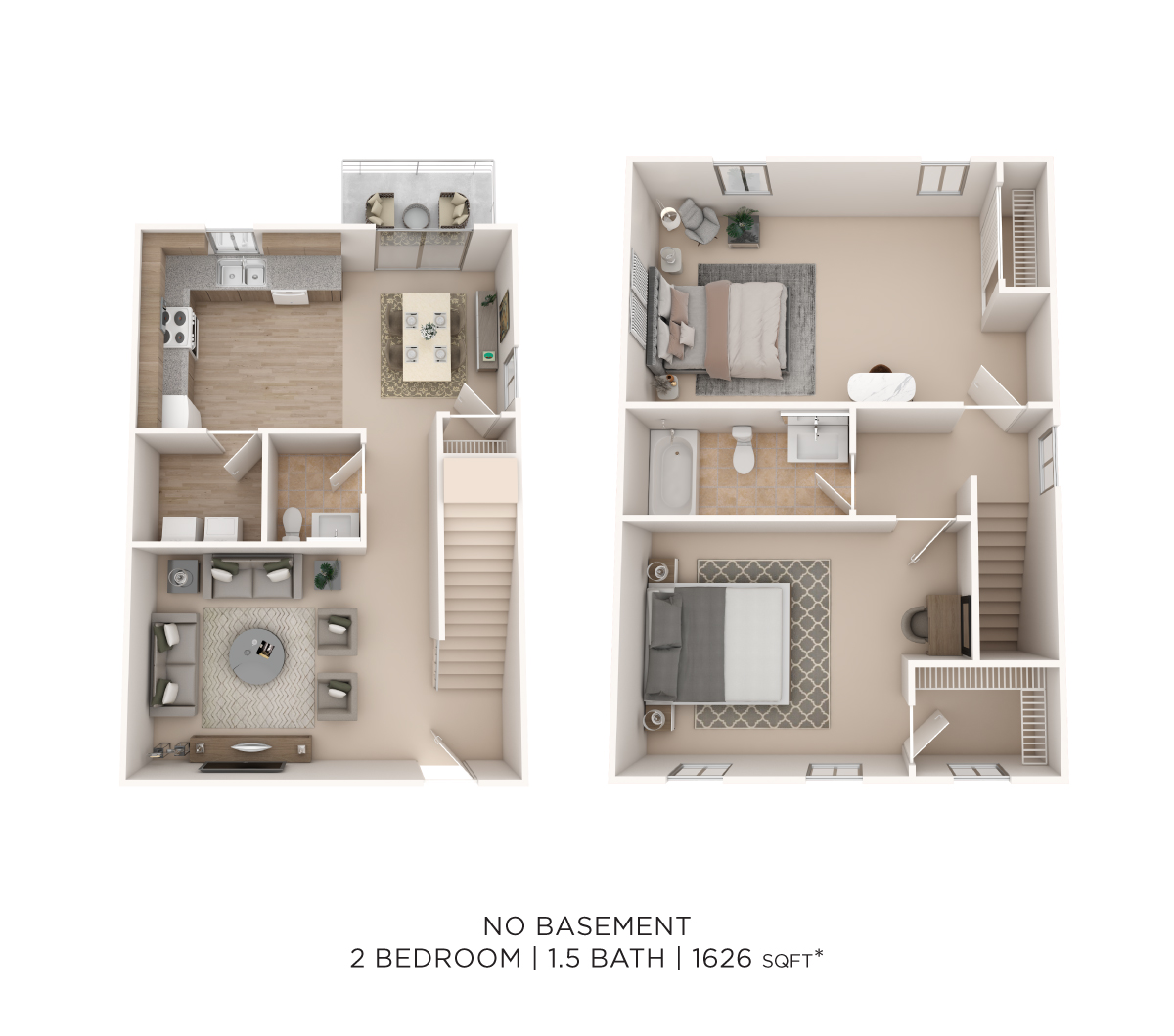 Floor plan for 2 beds, 1.5 baths, 1626 sqft